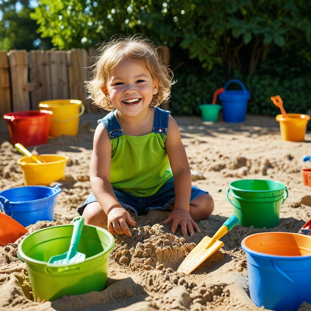 A joyful child playing in a colorful sandpit, surrounded by various creative tools like buckets, shovels, and molds; a soft glow of sunlight illuminating their smile. In the background, a lush green park setting with other children engaging in sand activities, showcasing diversity and teamwork. The scene radiates a sense of fun and exploration. vibrant colors. super-realistic.