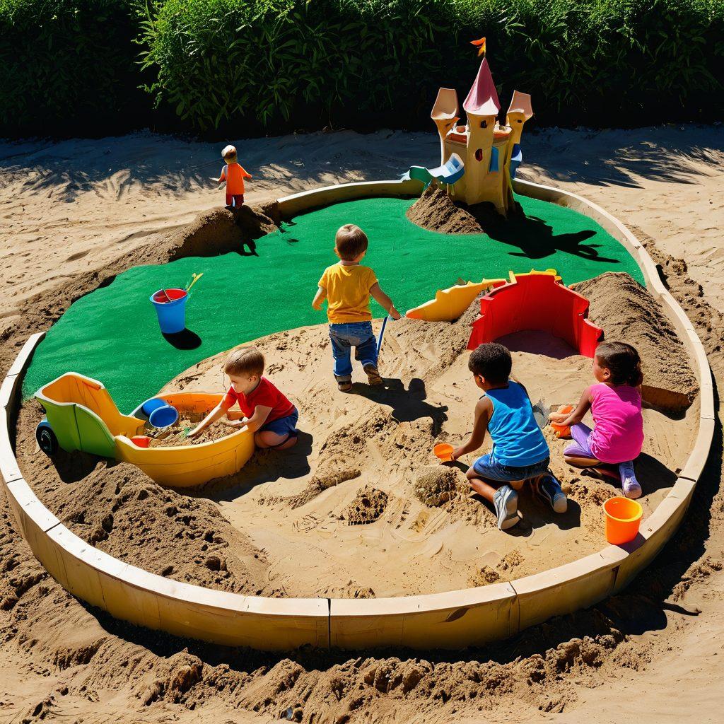 A vivid scene of children joyfully playing in a colorful sandbox, surrounded by whimsical sand sculptures and creative tools. The sunlight sparkles on the grains of sand, highlighting their imaginative faces as they build castles and dig tunnels. Nature's greenery provides a serene backdrop, symbolizing growth and development. Capture the essence of playful exploration and creativity. super-realistic. vibrant colors. bright and cheerful atmosphere.