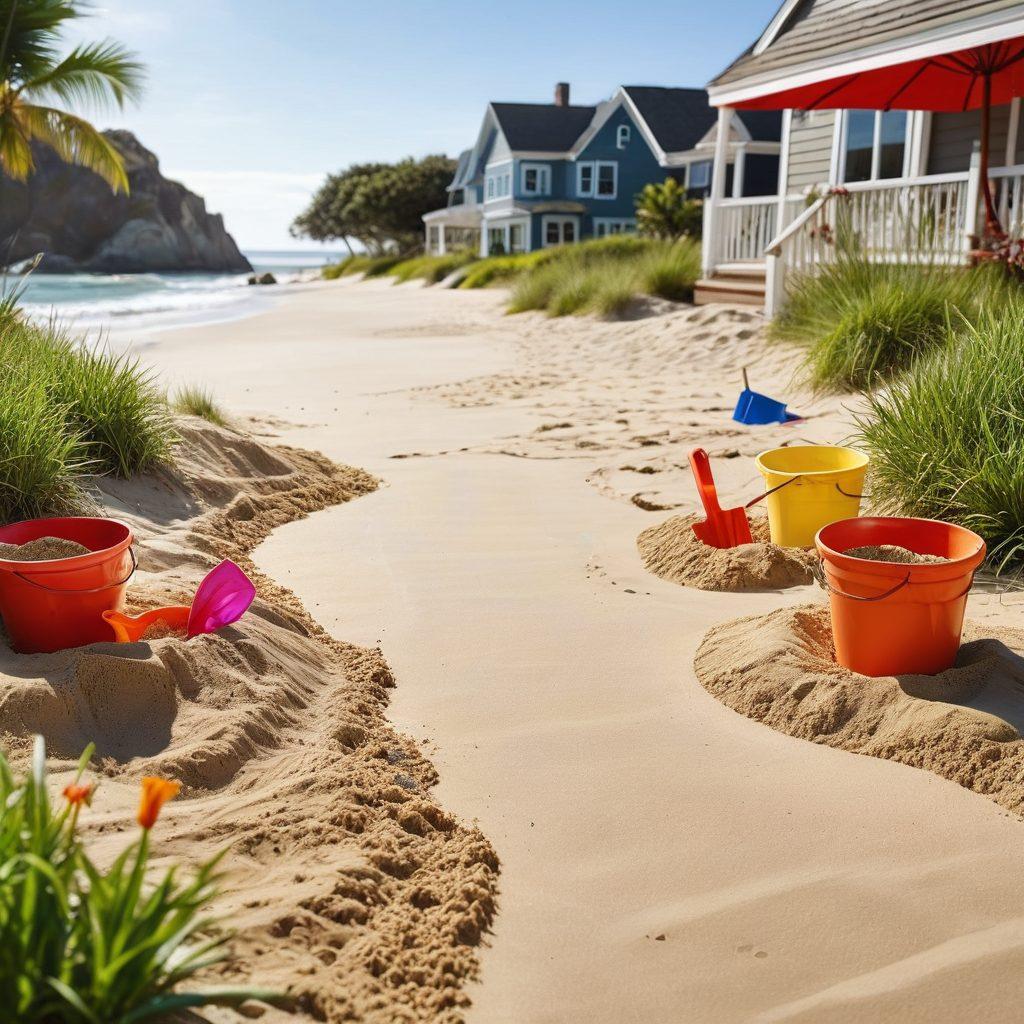 A whimsical scene featuring children joyfully playing with colorful sand in both a sunny beach environment and a cozy backyard, illustrating the contrast and connections between the two. Include vibrant buckets, shovels, and sandcastles in the foreground with soft waves in the background and lush green grass. Capture the essence of fun and creativity in outdoor sand play. super-realistic. vibrant colors. playful atmosphere.